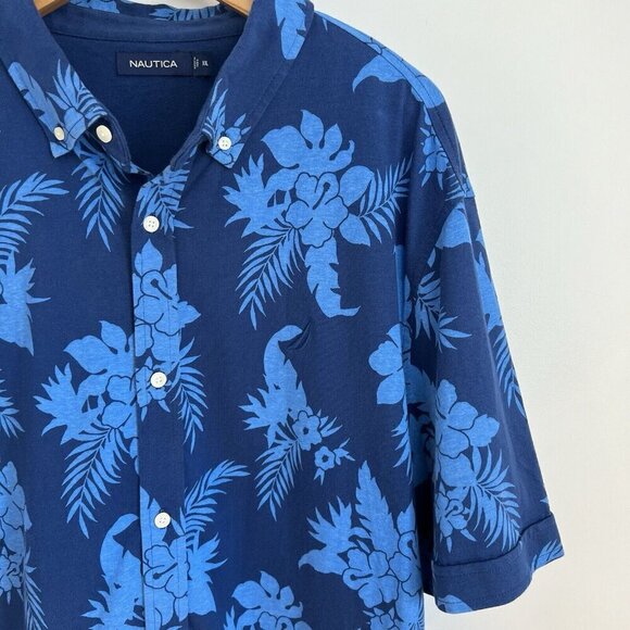 Nautica Men’s 2XL XXL Blue Floral Hawaiian Camp Button Down Shirt Short Sleeve - Picture 2 of 9